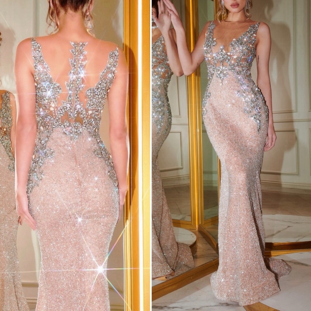 Portia & Scarlett Beaded Gown PS21413C Size US 14 Silver Nude Formal Prom NWT